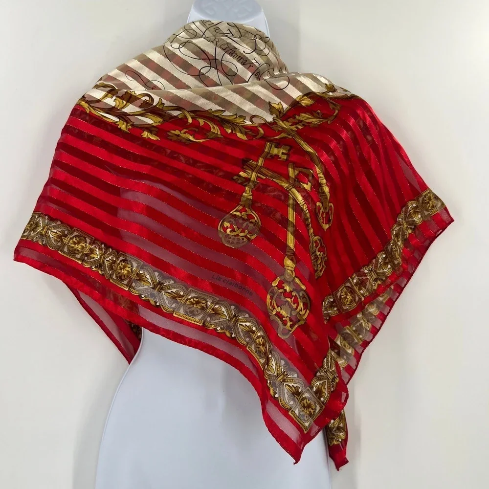 Vintage Liz Claiborne Scarf Sheer Stripe Red Gold Skeleton Keys Script Baroque